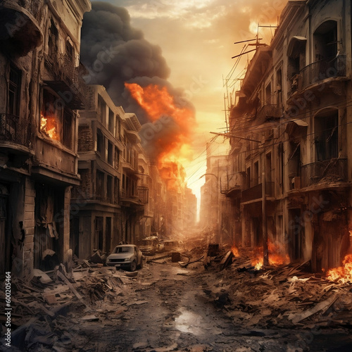 ruined city after a war, city with buildings on fire, dystopia, military disaster, explosions