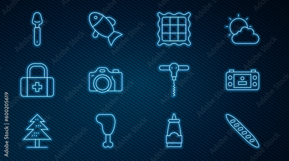 Set line French baguette bread, Portable video game console, Checkered napkin, Photo camera, First aid kit, Spoon, Wine corkscrew and Fish icon. Vector Set line French baguette bread, Portable video game console, Checkered napkin, Photo camera, First aid kit, Spoon, Wine corkscrew and Fish icon. Vector