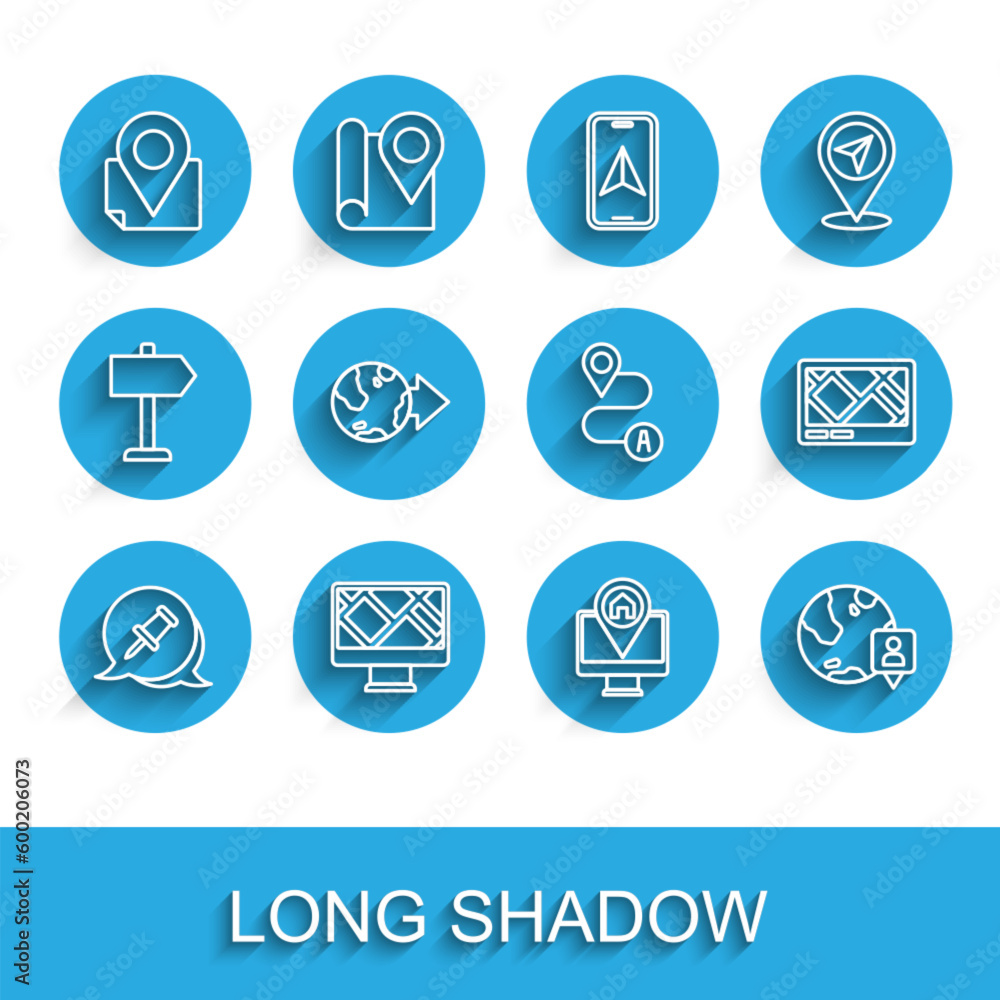 Set line Push pin, Monitor with map location, Folded marker, Location the globe, Gps device and Route icon. Vector Set line Push pin, Monitor with map location, Folded marker, Location the globe, Gps device and Route icon. Vector