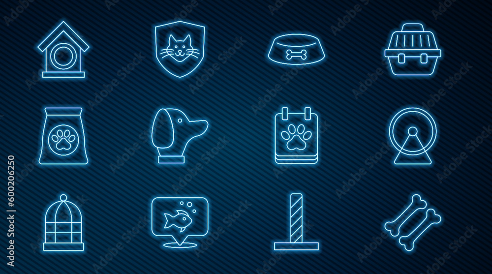 Set line Dog bone, Hamster wheel, Pet food bowl for cat or dog, Bag of pet, house, Calendar grooming and Animal health insurance icon. Vector Set line Dog bone, Hamster wheel, Pet food bowl for cat or dog, Bag of pet, house, Calendar grooming and Animal health insurance icon. Vector