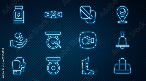 Set line Sport bag, Boxing bell, training paws, gong, glove, Energy drink, and belt icon. Vector