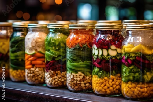 glass jars filled with colorful layered salads, generative ai