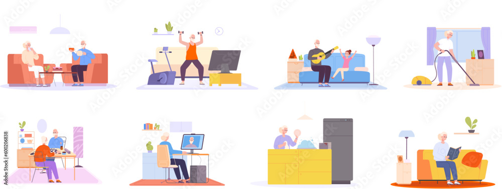 Elderly leisure. Happy grandparents retirement concept, seniors hobbies older people leisurely daily life and household, elders at computer or chess, splendid vector illustration