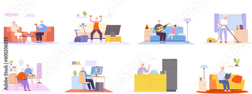 Elderly leisure. Happy grandparents retirement concept, seniors hobbies older people leisurely daily life and household, elders at computer or chess, splendid vector illustration