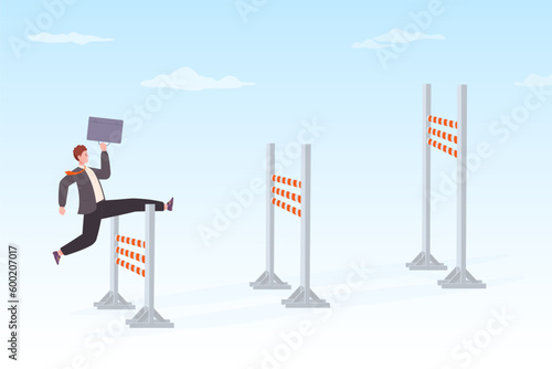 Businessman overcome obstacles. Business man jump over resilient hurdle barrier of financial risk crisis difficulty, effort for performance aspiration to goals, vector illustration