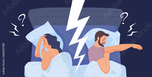 Couple problem in bed. Couples disagreement, lover sexual problem or relationship conflict family divorce, angry man sad woman with questions, intimate problems vector illustration