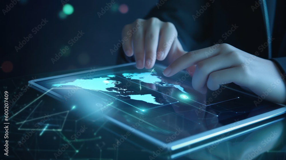 businessman touching an tablet scree with a world map on it Generative art businessman touching an tablet scree with a world map on it Generative art