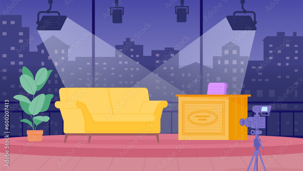 Talk show interior. Tv studio room for recording late evening talk-show, television entertainment apartment stage couch sofa camera and presenter table, cartoon vector illustration - obrazy, fototapety, plakaty 