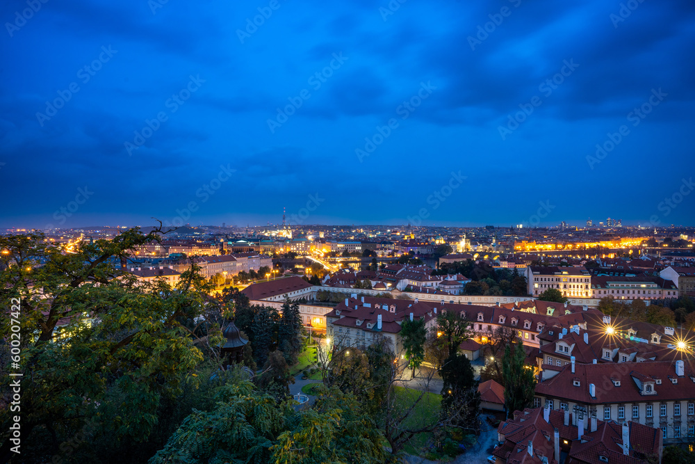 View of the city of Prague at night, seen from the castle. Prague, Czech Republic.