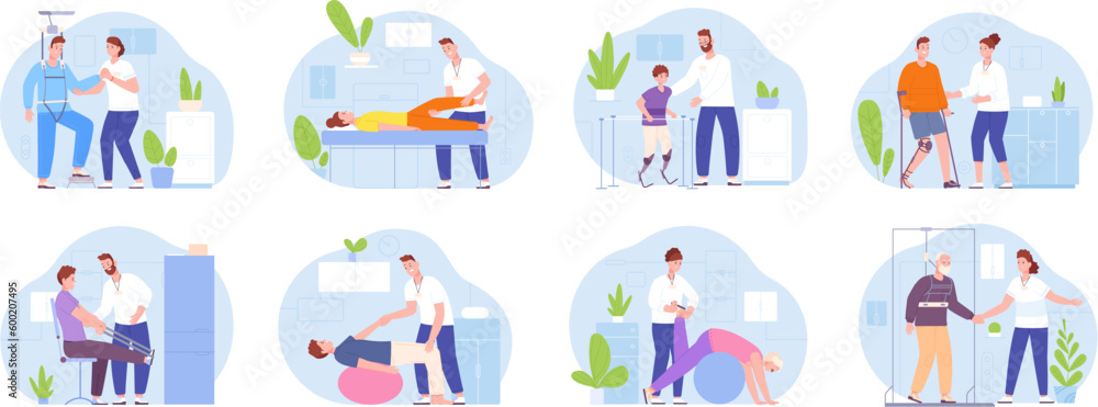 Physiotherapy rehabilitation. Injury recovery for knee trauma or orthopedic illness rehab, nurse care disabled people on wheelchair in prehab center, splendid vector illustration