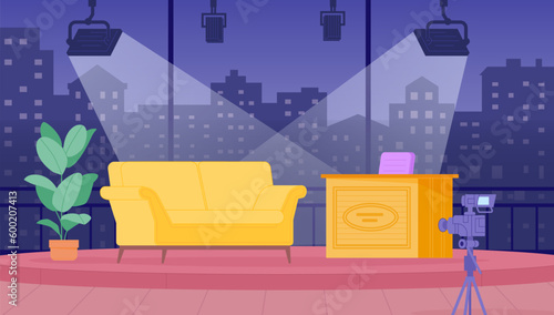 Talk show interior. Tv studio room for recording late evening talk-show, television entertainment apartment stage couch sofa camera and presenter table, cartoon vector illustration