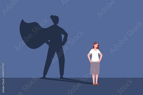Woman superhero shadow. Superwoman motivational concept strong women, super lady business work manager character female power action confident leader with cape vector illustration