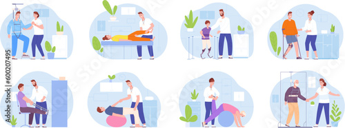 Physiotherapy rehabilitation. Injury recovery for knee trauma or orthopedic illness rehab, nurse care disabled people on wheelchair in prehab center, splendid vector illustration