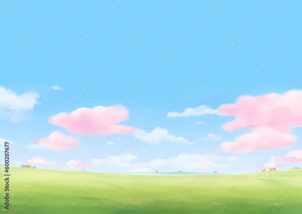 Large green grassland and pink clouds