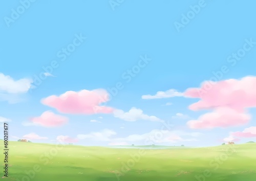 Large green grassland and pink clouds