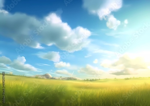 green field and blue sky with clouds