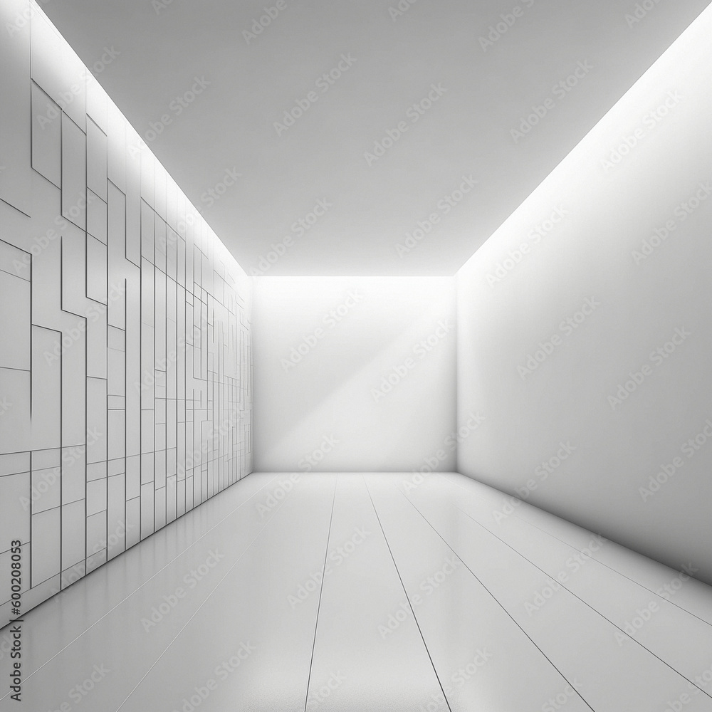 An empty white futuristic room with geometric elements. High quality