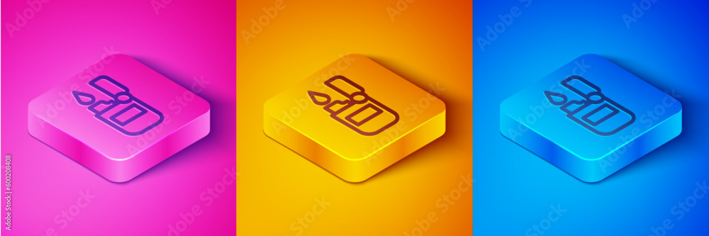 Isometric line Lighter icon isolated on pink and orange, blue background. Square button. Vector Isometric line Lighter icon isolated on pink and orange, blue background. Square button. Vector
