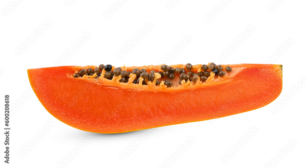 Slice of ripe papaya fruit with seeds on white background. Slice of ripe papaya fruit with seeds on white background.