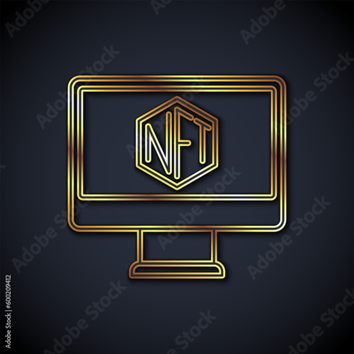 Gold line Monitor with art store app icon isolated on black background. Technology of selling NFT tokens for cryptocurrency. Non fungible token concept. Vector