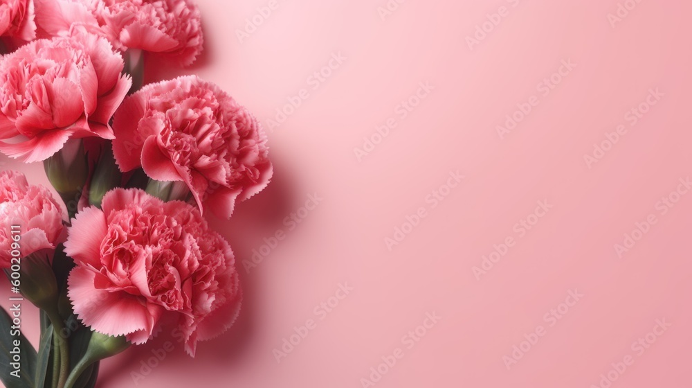Pink carnations on a pink gradient background with copy space. Generative AI. Pink carnations on a pink gradient background with copy space. Generative AI.