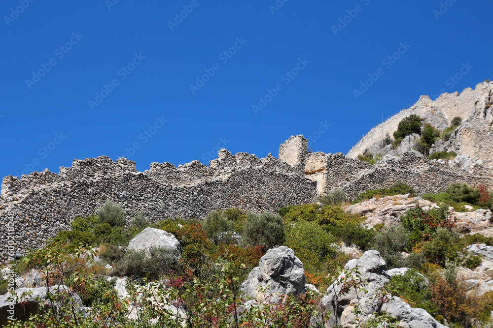 Remains of the castle wall of the ruins of the crusader castle St. Hilarion, Northern Cyprus
