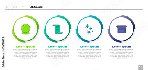 Set Magic ball, Ancient magic book, Sparkle stars with and . Business infographic template. Vector