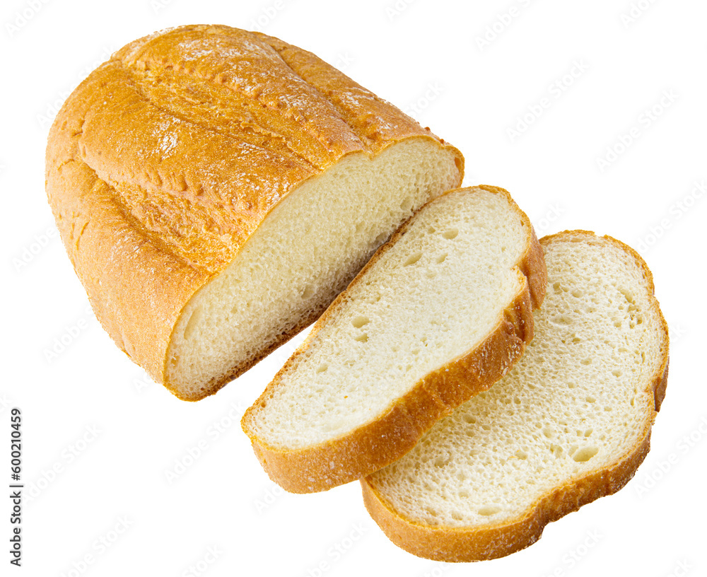 loaf of white wheat bread sliced on white background