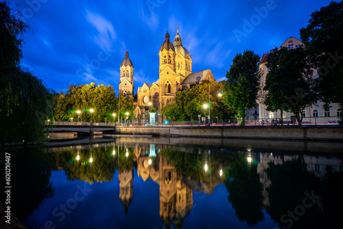 St. Luke's Church (St. Lukas), Munich at night. Long exposure with clean reflection and blurred clouds.