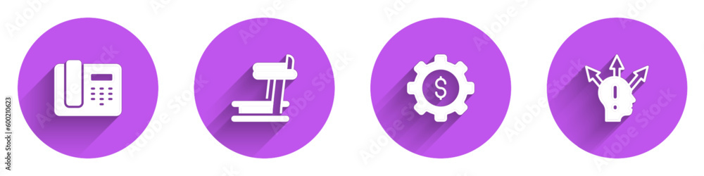 Set Telephone 24 hours support, Treadmill machine, Gear with dollar and Project team base icon with long shadow. Vector Set Telephone 24 hours support, Treadmill machine, Gear with dollar and Project team base icon with long shadow. Vector