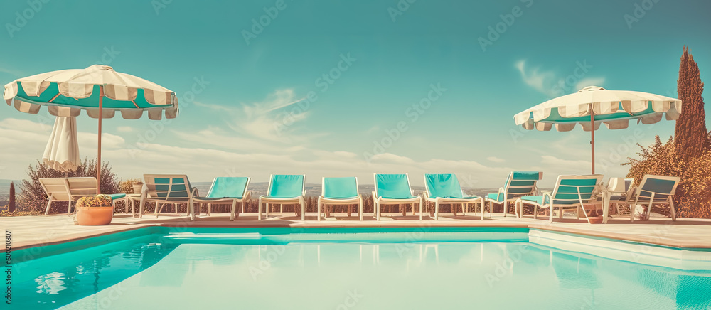Illustration of an aquamarine color swimming pool in a small hotel. resort on summer vacation. An exotic getaway to relax and sunbathe (generative AI) 
