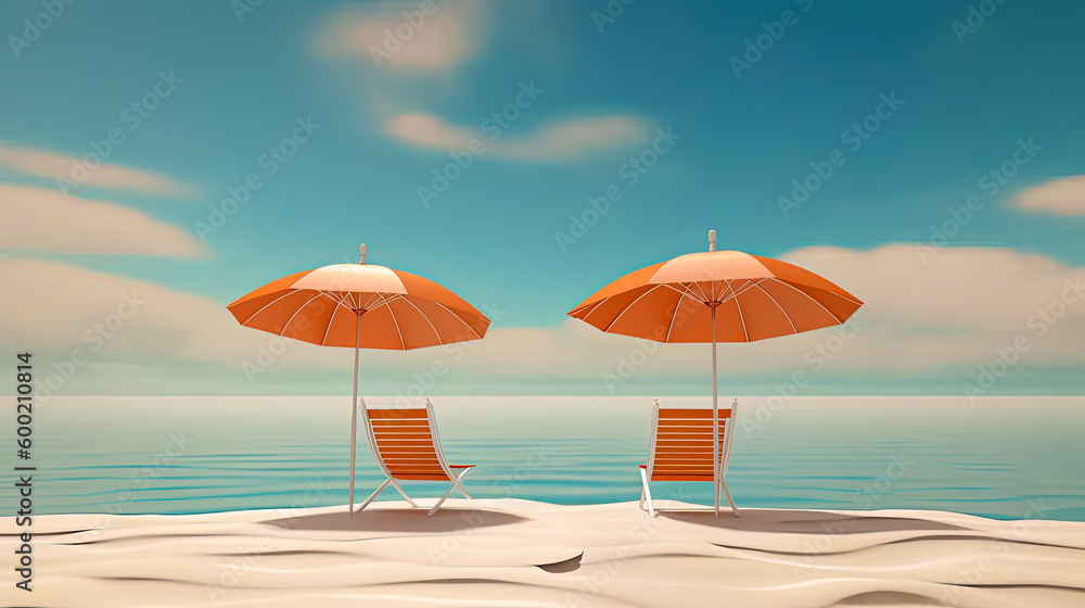 Illustration of a tropical beach vacation with orange beach chairs and an umbrella. An exotic summer vacation to relax (generative AI)