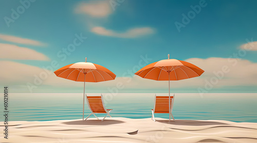 Illustration of a tropical beach vacation with orange beach chairs and an umbrella. An exotic summer vacation to relax (generative AI)