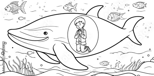 Coloring page, Jonah Jonas old testament bible tale inside the whale big fish in the sea
