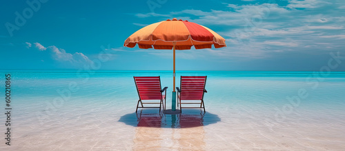 Illustration of a tropical beach vacation with beach chairs and an umbrella.  A exotic summer vacation to relax (generative AI)
