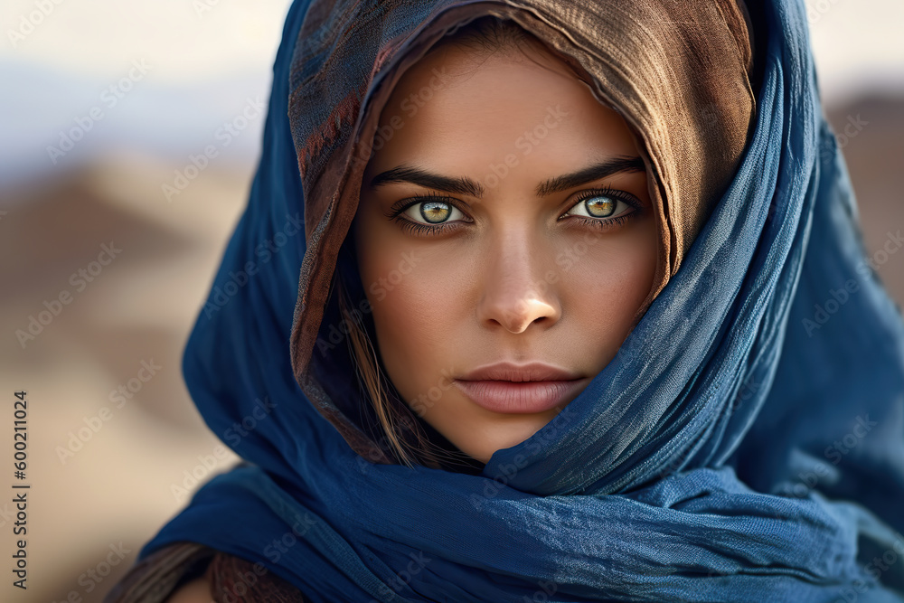 A woman with a blue scarf around her head created with Generative AI technology A woman with a blue scarf around her head created with Generative AI technology