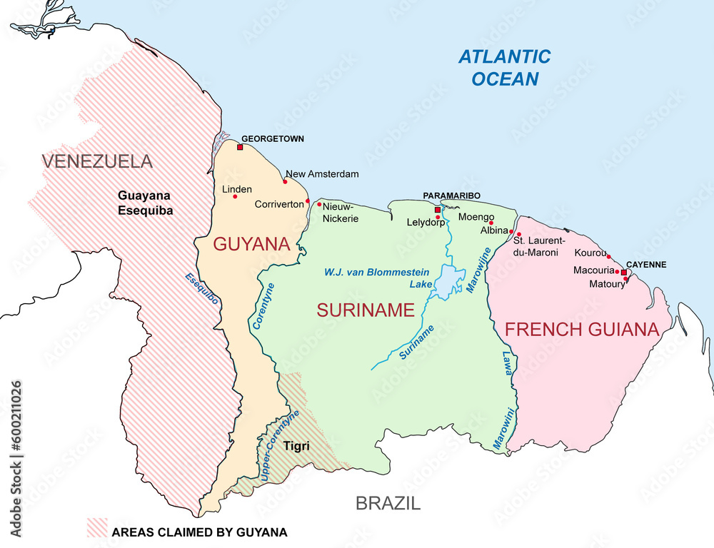 Map showing Disputed Areas between Venezuela-Guyana and Suriname. 