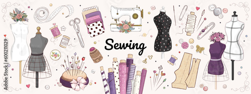 Vector hand drawn sewing retro set. Collection of highly detailed hand drawn mannequins and sewing tools isolated on background