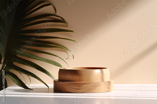 Natural wooden tray on white counter with palm shadow, ideal for showcasing natural cosmetics products. photo