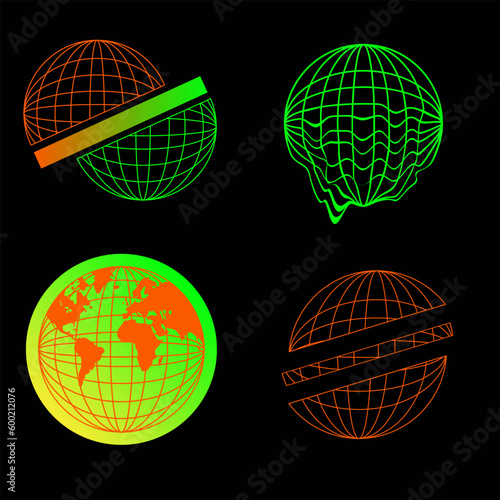 Globe elements for posters and streetwear fashion design vector set, gradient globe on black background