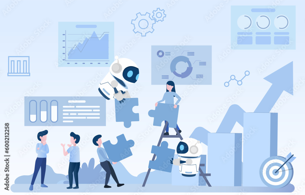 Collaboration between human and ai robot to achieve a common goals. Working together to complete puzzle jigsaw to success project. Flat vector illustration. - obrazy, fototapety, plakaty 