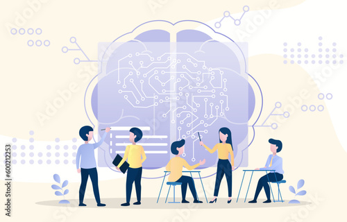 In the meeting, business people discuss and trend in artificial intelligence (AI) technology. Improve efficiency, productivity, and profitability. Flat vector illustration.