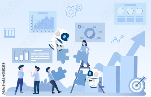 Collaboration between human and ai robot to achieve a common goals. Working together to complete puzzle jigsaw to success project. Flat vector illustration.