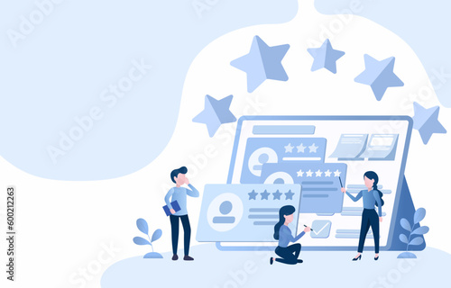 Online customer positive review source of feedback for business. Businessman use reviews to analyze rating stars and customer satisfaction to improve products or services and develop a loyal customer.