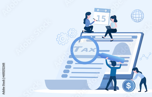 Online tax payment concept. Calculate and submit income tax returns, calculate income, apply for deductions, and pay unpaid taxes to the government. Vector illustration with copy space.