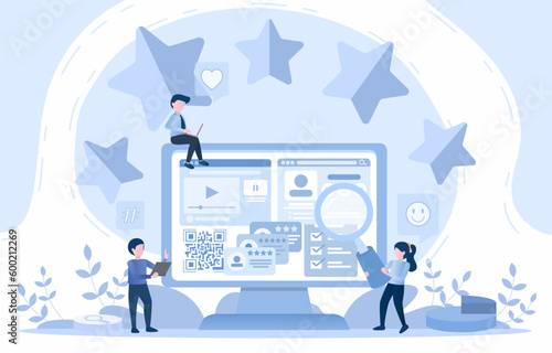 Online customer positive review. Analysis of suggestions for improvement. Respond to customer review feedback and committed to providing the best customer experience. Flat vector illustration.
