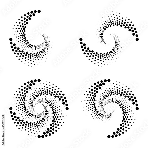 Set of black vector halftone dots in spiral form. Segmented circle. Geometric art. Design element for logo, tattoo, sign, symbol, web pages, prints, posters, template, monochrome pattern