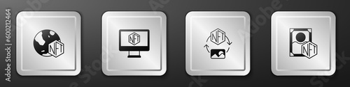 Set NFT Digital crypto art, Monitor with store app, and icon. Silver square button. Vector
