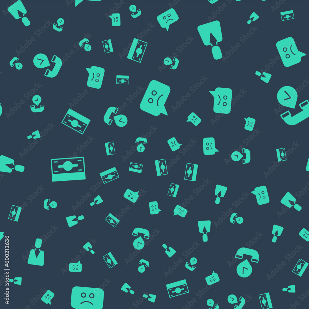 Set Sad smile, Employee, Stacks paper money cash and Telephone handset on seamless pattern. Vector Set Sad smile, Employee, Stacks paper money cash and Telephone handset on seamless pattern. Vector