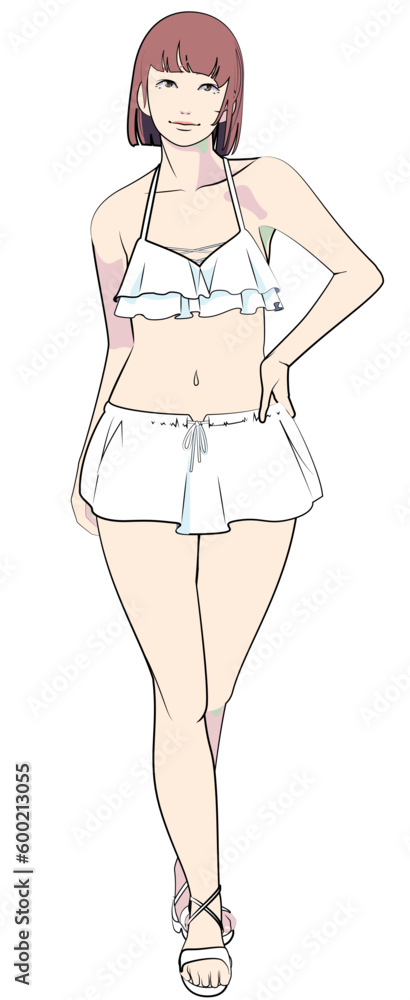 腰に手を当てる水着の女性(ショートボブ)